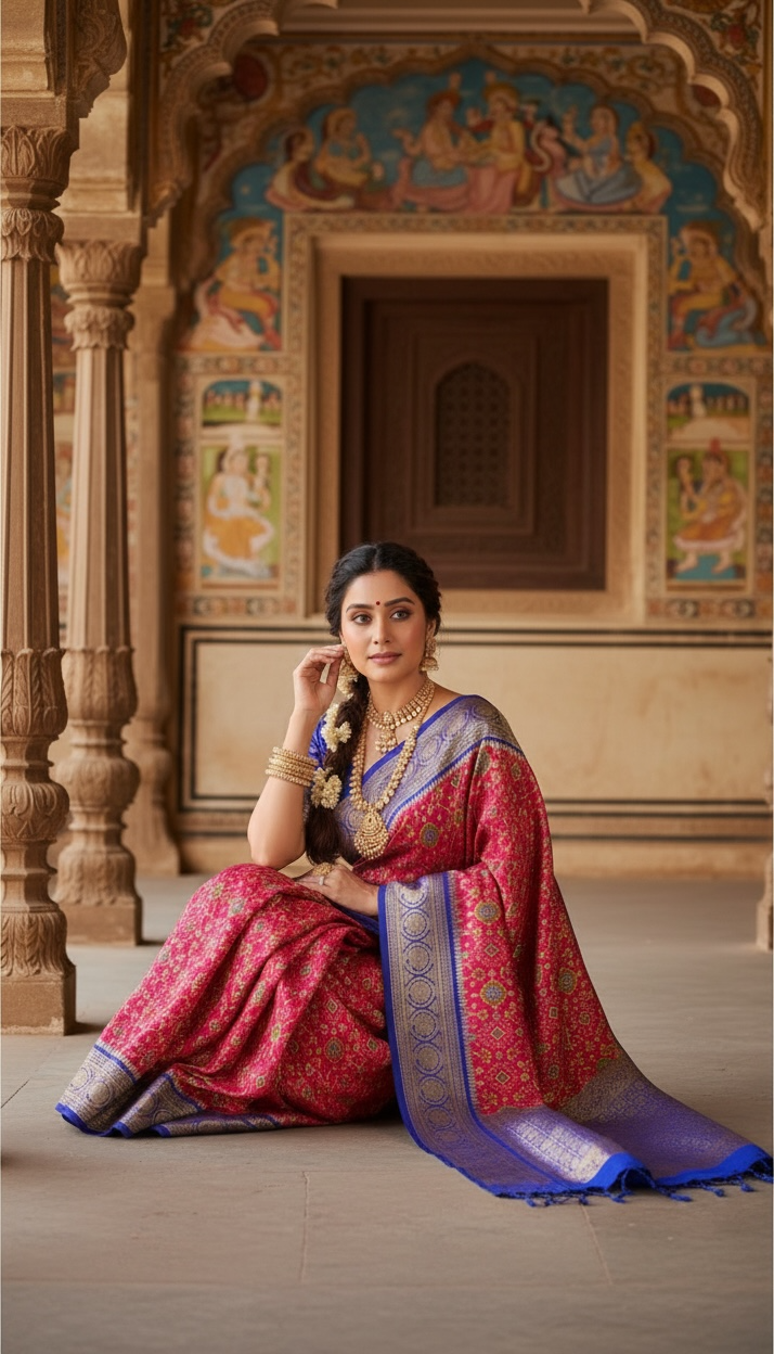 Pochampally Ikat Pure Silk Saree – with Kanchi Royal Blue Border with Red Body & Gold Peacock Zari THS -8