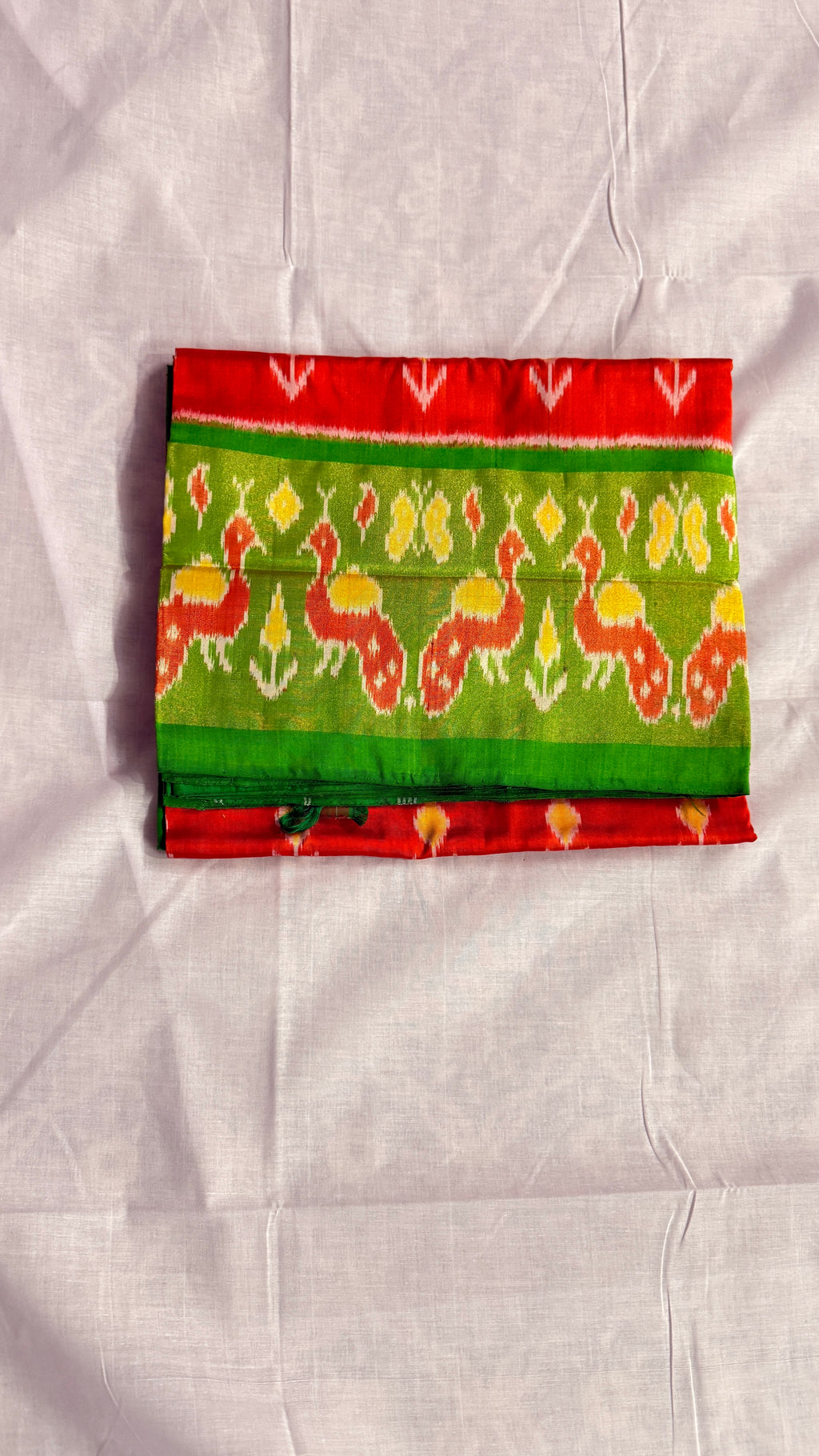 Pochampally Ikat Pure Silk Saree – Green & Red | Handwoven Double Ikat Motifs | THs-10
