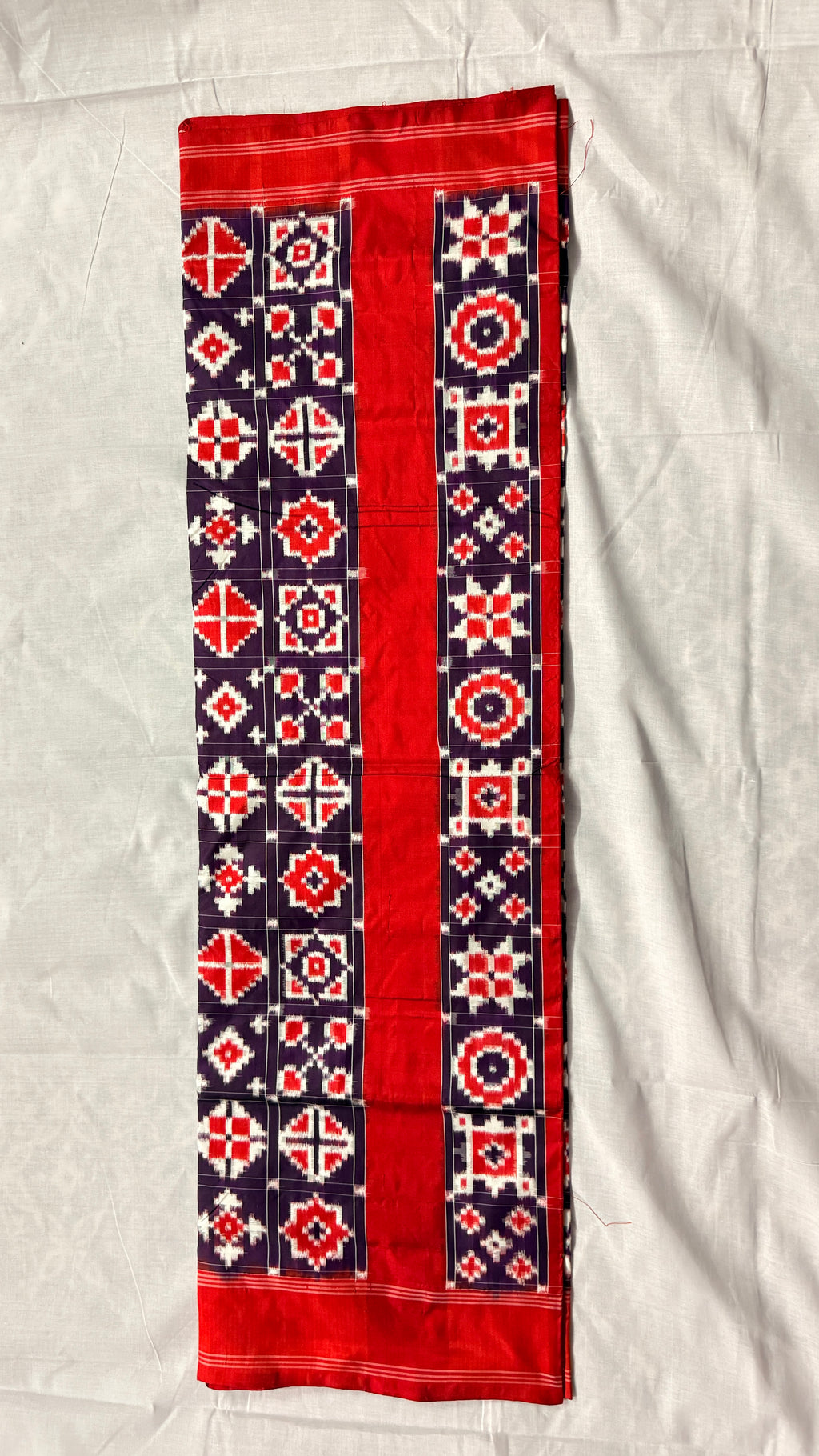 Red & Purple Double Ikat Pochampally Pure Silk Saree – Geometric Tile Design | Handloom & Silk Mark Certified ths-16