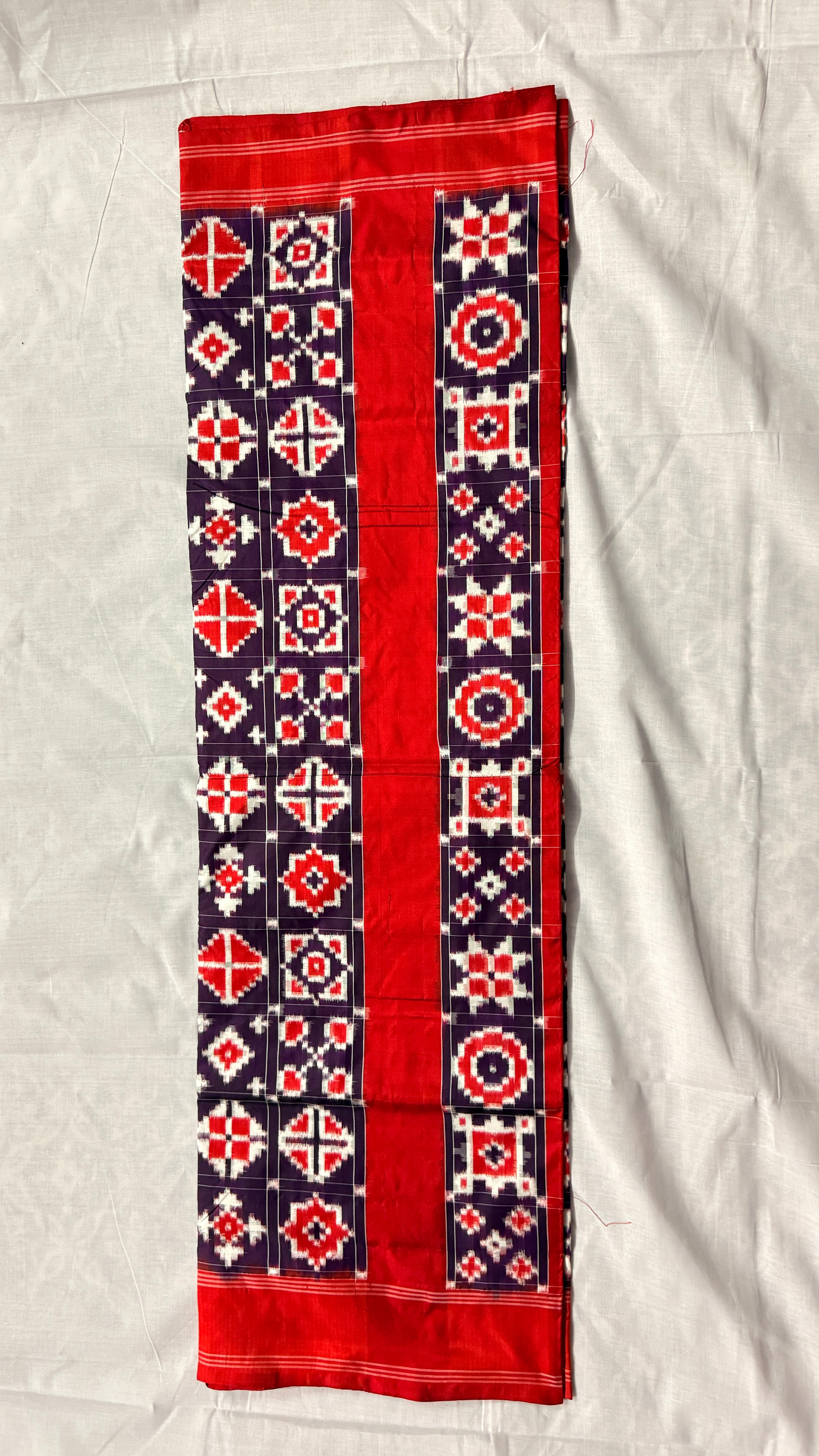 Red & Purple Double Ikat Pochampally Pure Silk Saree – Geometric Tile Design | Handloom & Silk Mark Certified ths-16