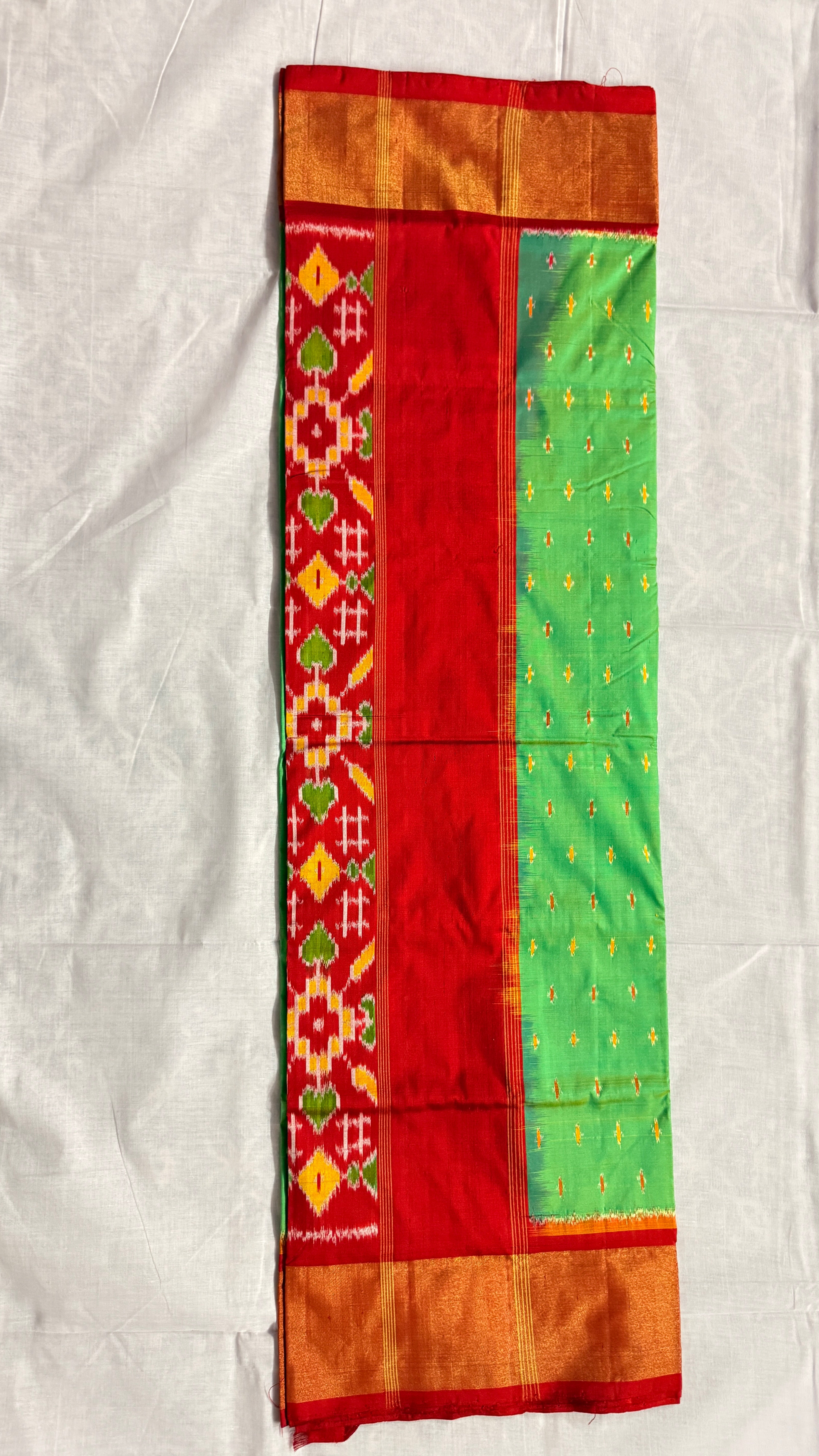 Pochampally Ikat Pure Silk Saree in Green with Red Ikat Pallu & Kuttu Copper Zari Border THS-7