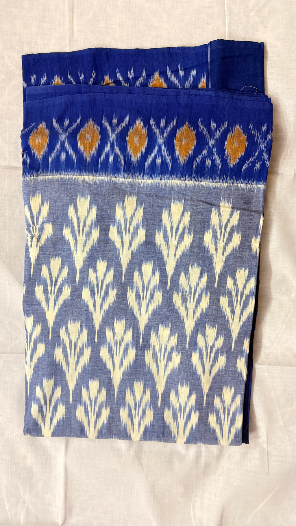 Grey & Royal Blue Pochampally Ikat Pure Cotton Saree with Cream Floral Body & Traditional Ikat Pallu THC-2
