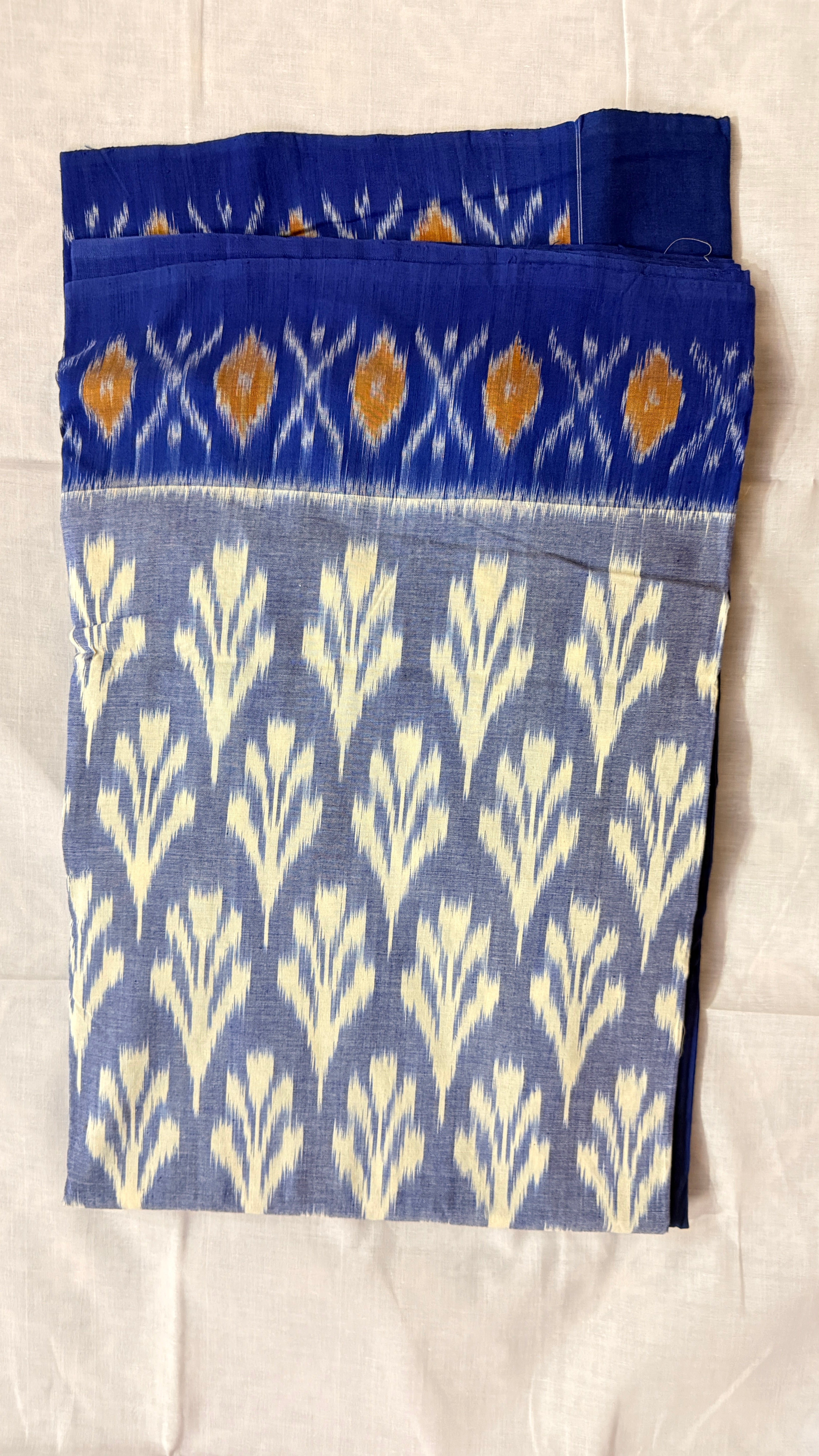 Grey & Royal Blue Pochampally Ikat Pure Cotton Saree with Cream Floral Body & Traditional Ikat Pallu THC-2