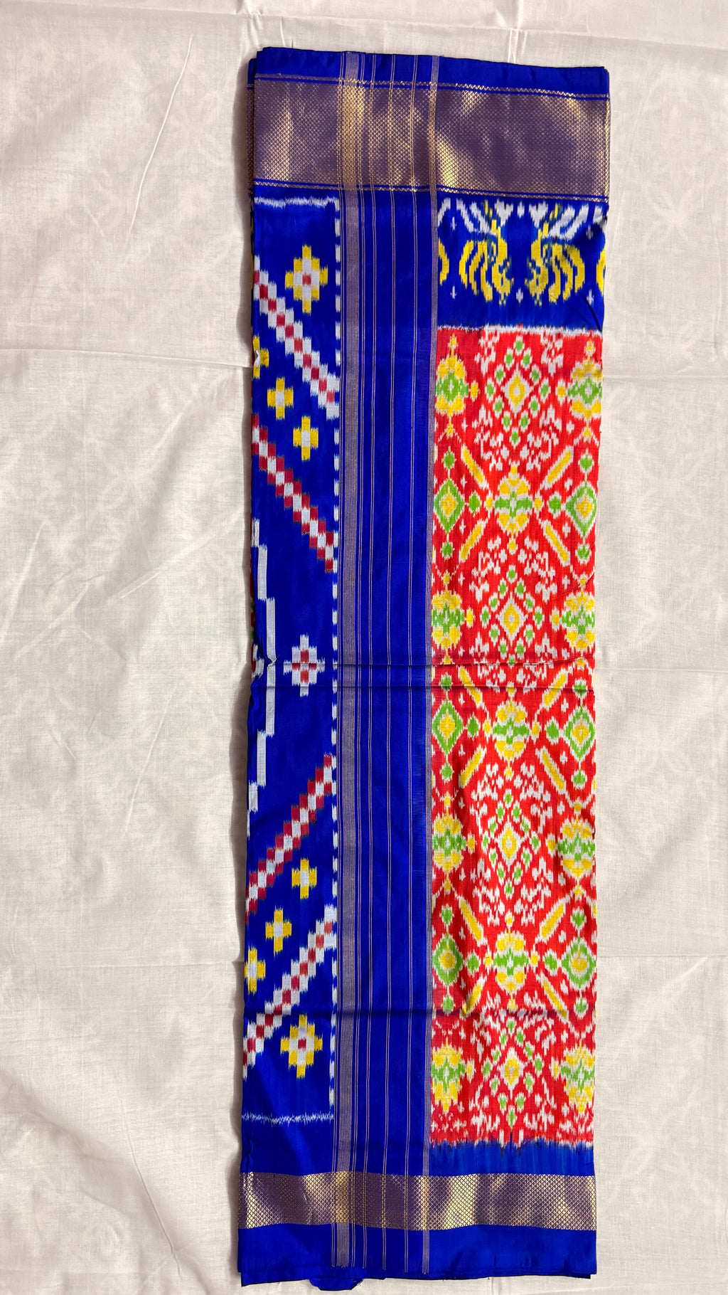 Royal Blue & Red Pochampally Ikat Pure Silk Saree with Golden Zari Border – Handloom | Silk Mark Certified ths-13