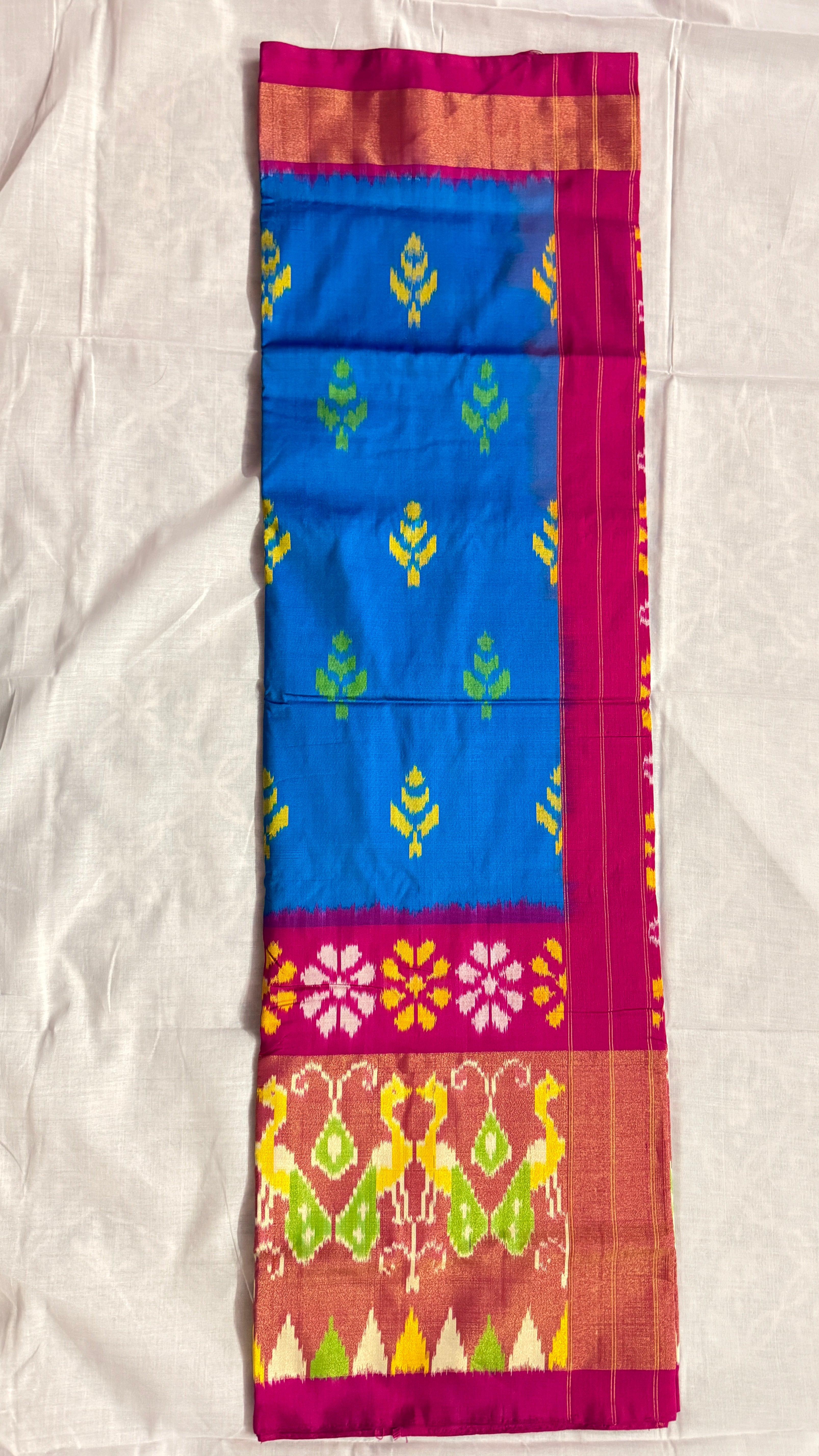 Blue Pochampally Ikat Pure Silk Saree with Pink Peacock Ikat Pallu & Copper Zari Border THS-3