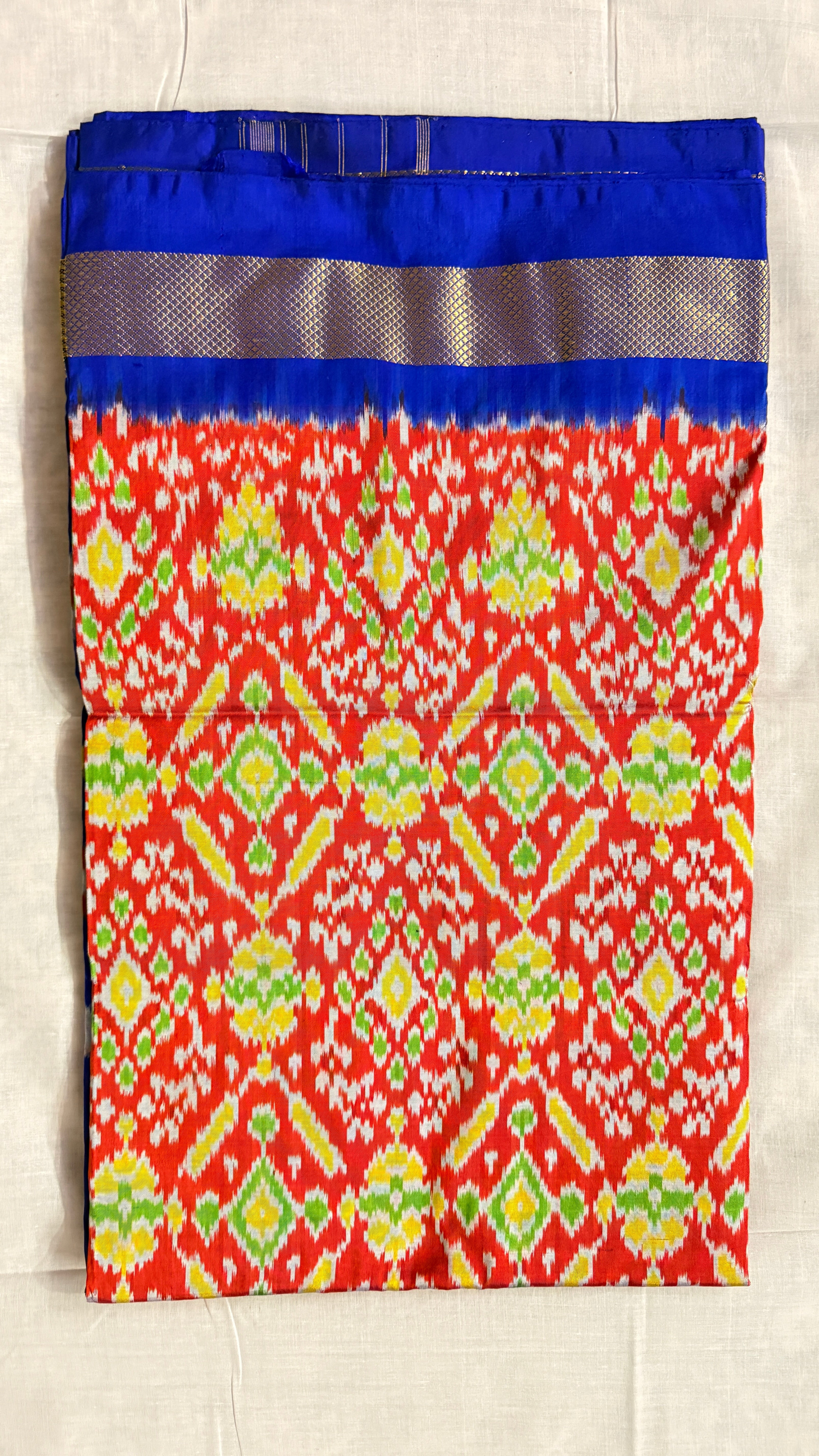 Royal Blue & Red Pochampally Ikat Pure Silk Saree with Golden Zari Border – Handloom | Silk Mark Certified ths-13