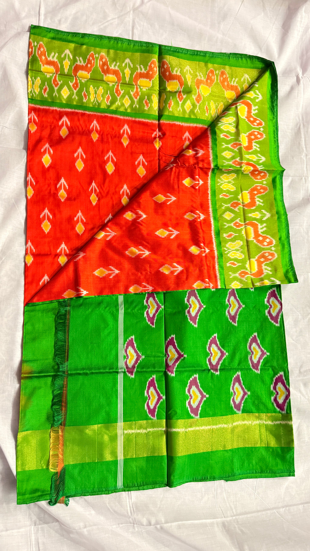 Pochampally Ikat Pure Silk Saree – Green & Red | Handwoven Double Ikat Motifs | THs-10