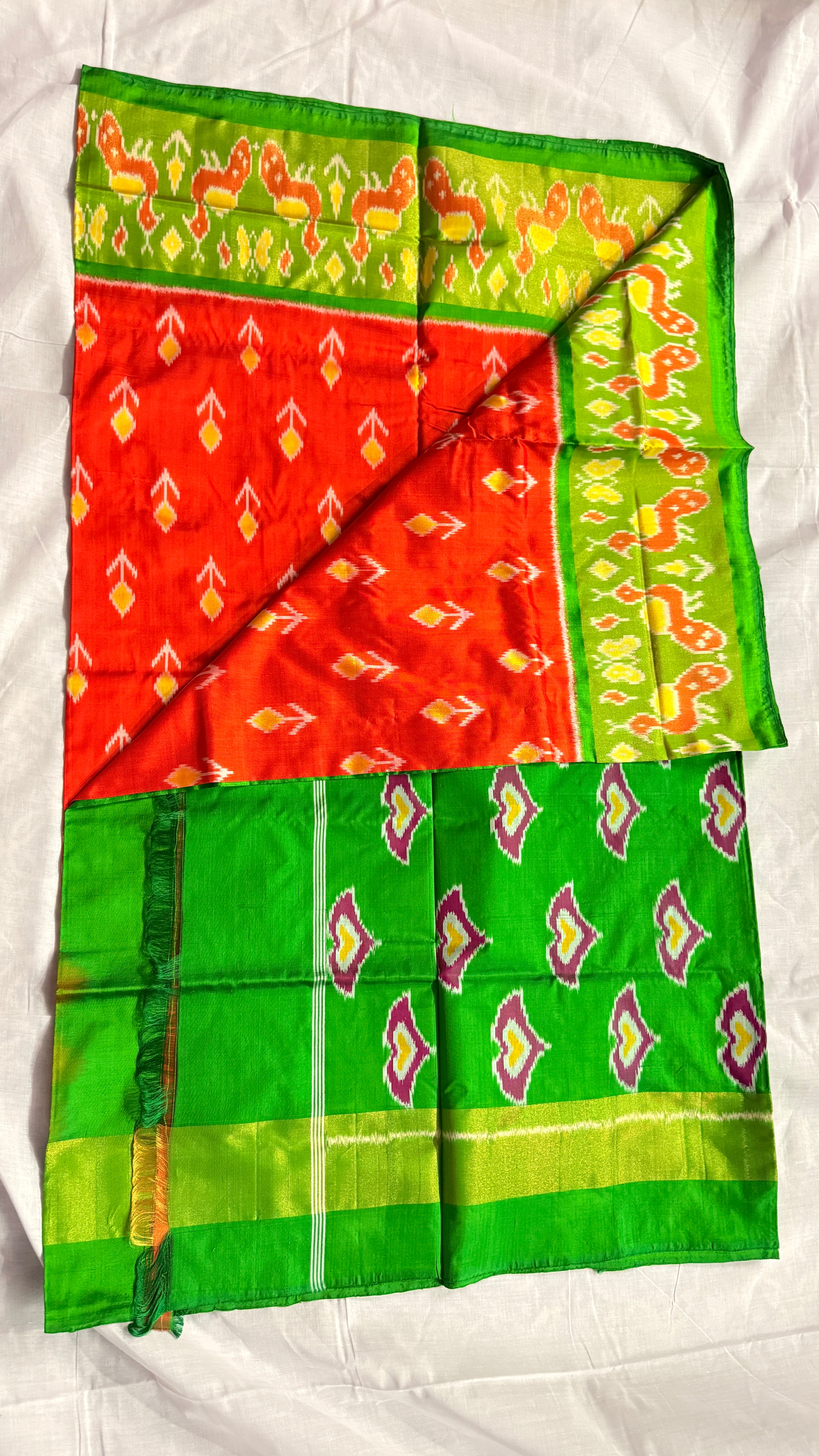 Pochampally Ikat Pure Silk Saree – Green & Red | Handwoven Double Ikat Motifs | THs-10
