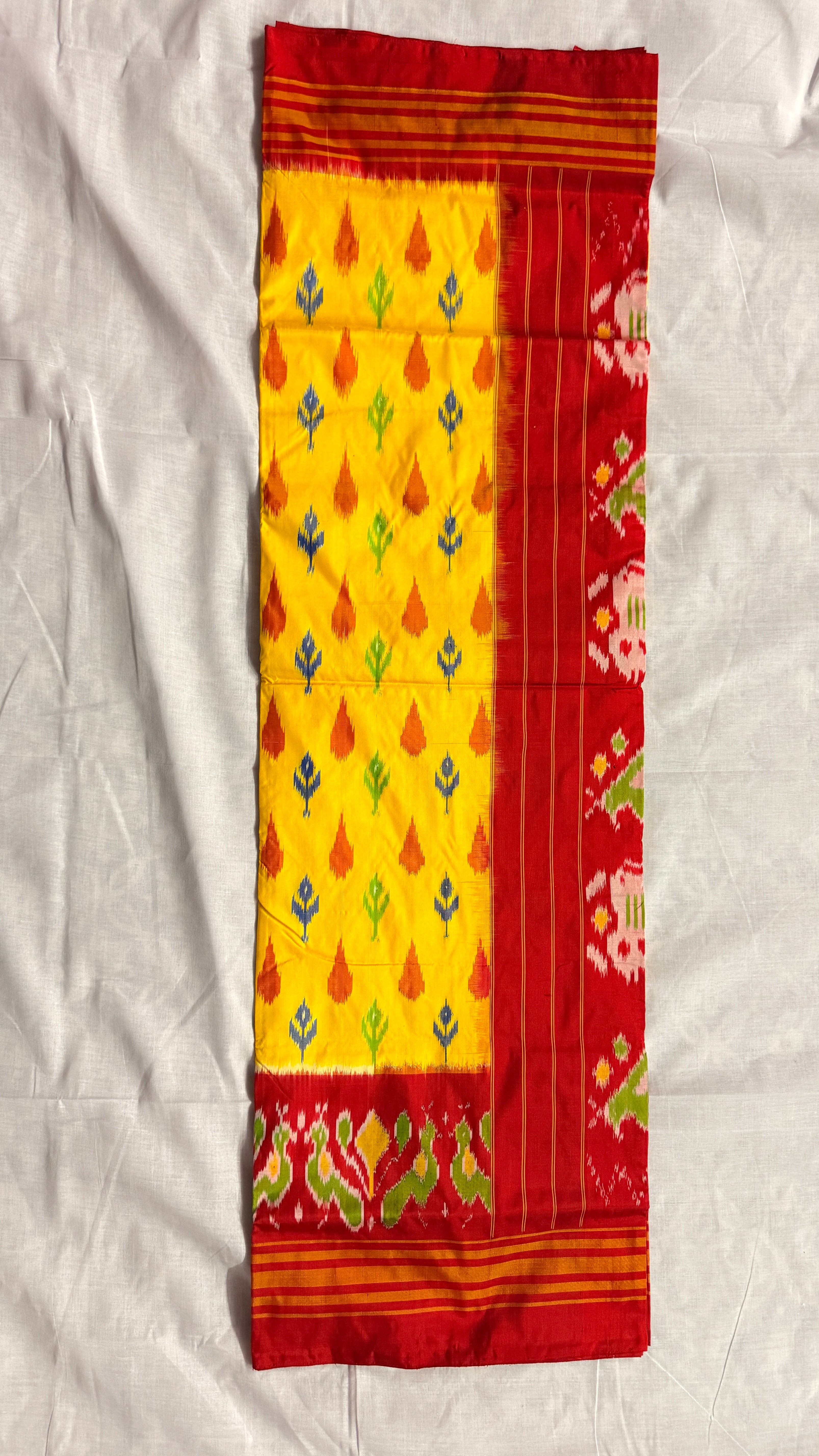 Bright Yellow Pochampally Ikat Silk Saree with Red Elephant Pallu ths-19