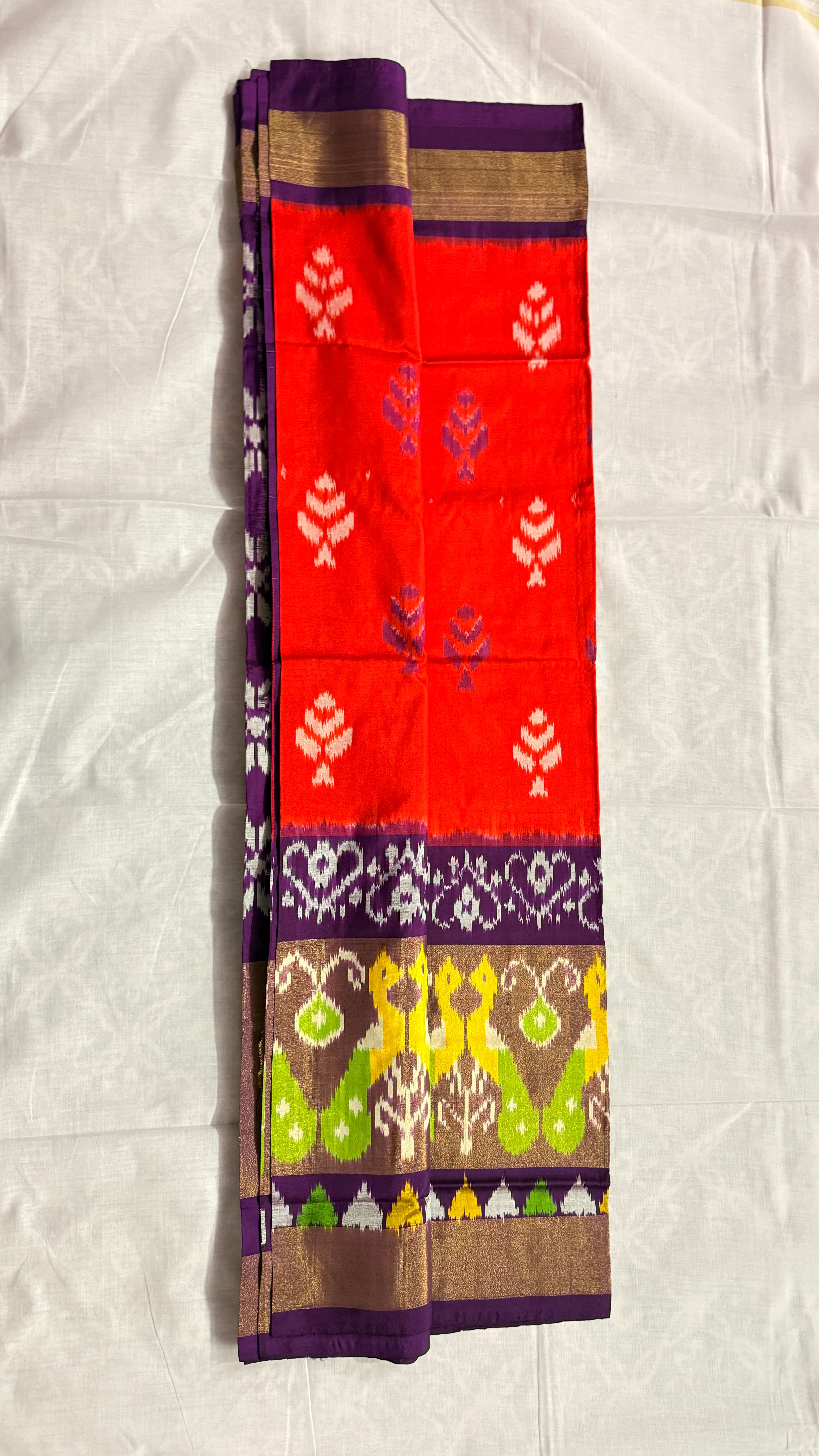 Pochampally Ikat Pure Silk Saree – Red & Purple with Peacock and Floral Motifs ths-22