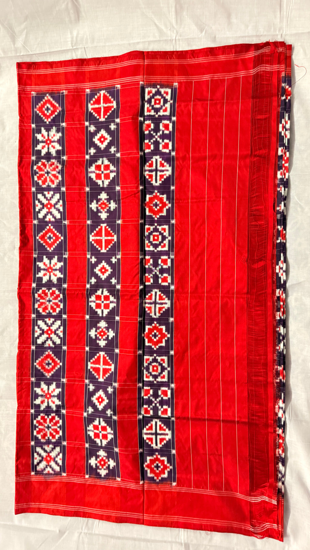 Red & Purple Double Ikat Pochampally Pure Silk Saree – Geometric Tile Design | Handloom & Silk Mark Certified ths-16