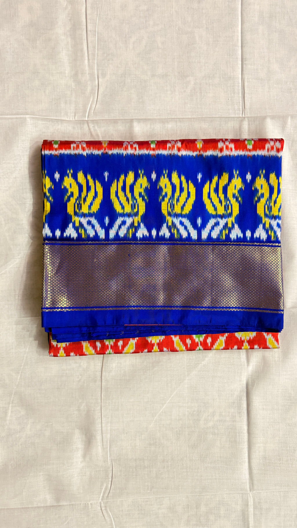 Royal Blue & Red Pochampally Ikat Pure Silk Saree with Golden Zari Border – Handloom | Silk Mark Certified ths-13