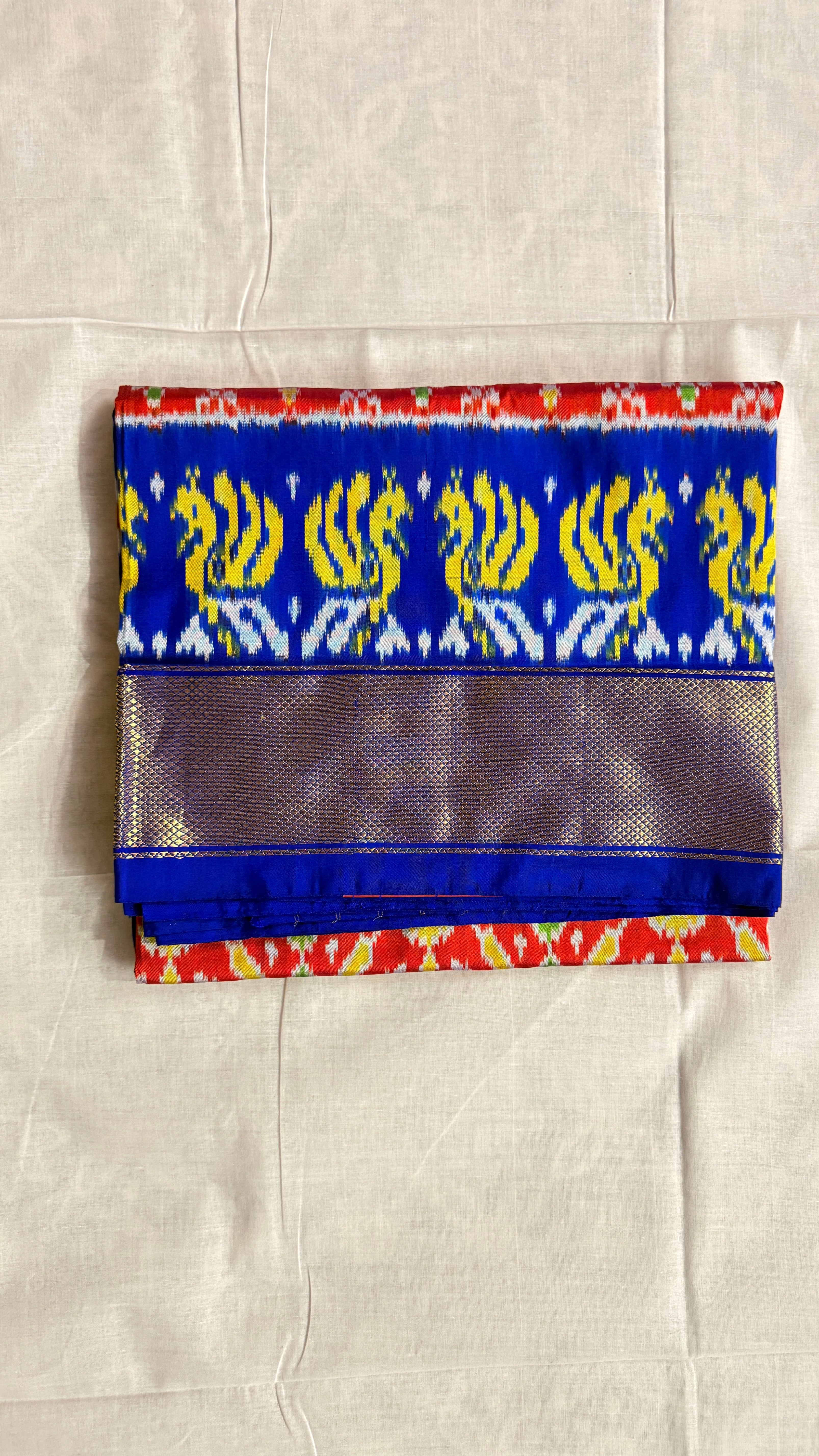 Royal Blue & Red Pochampally Ikat Pure Silk Saree with Golden Zari Border – Handloom | Silk Mark Certified ths-13