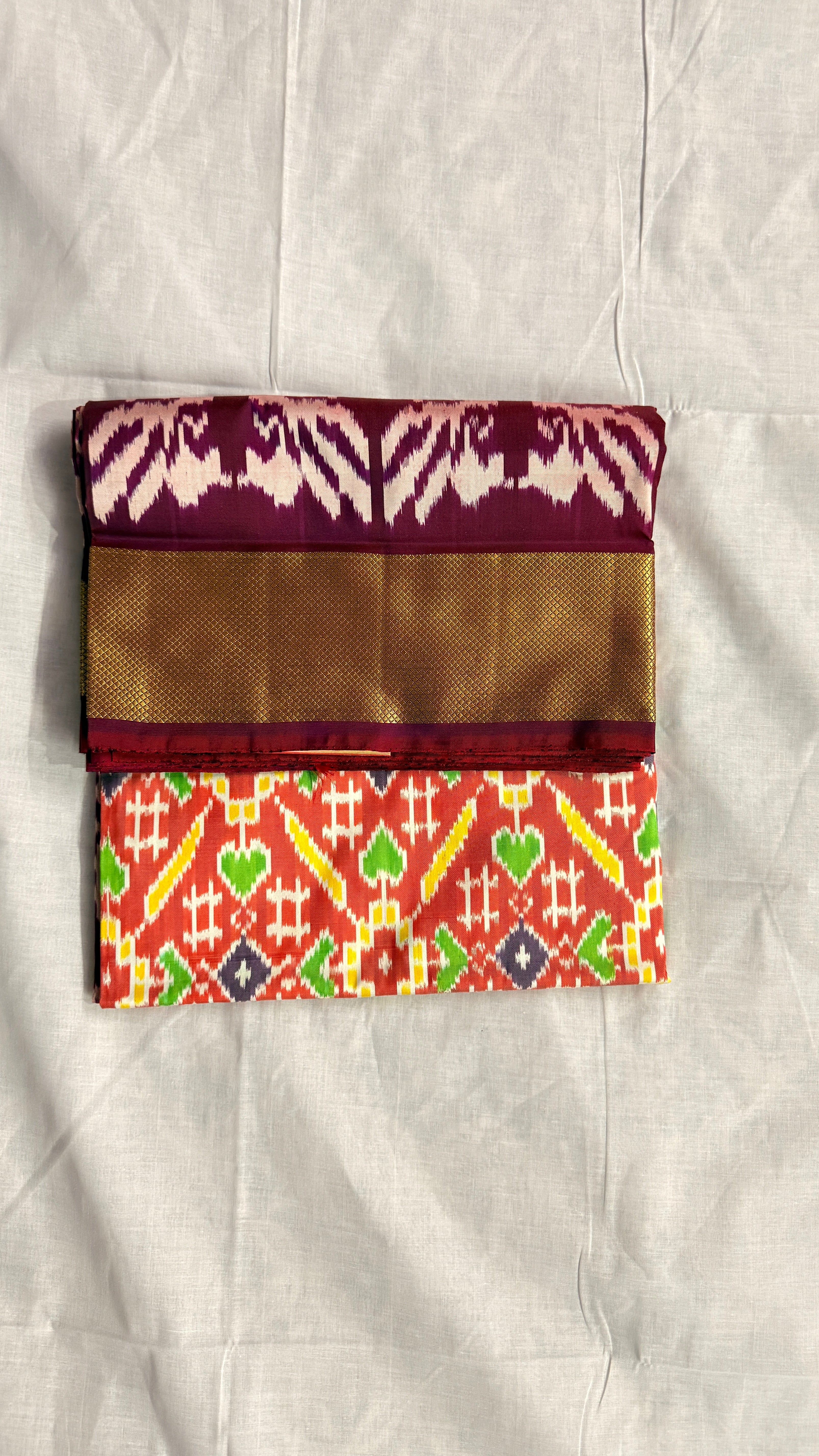 Magenta & Orange Pochampally Ikat Pure Silk Saree with Zari Border – Handloom & Silk Mark Certified ths-15