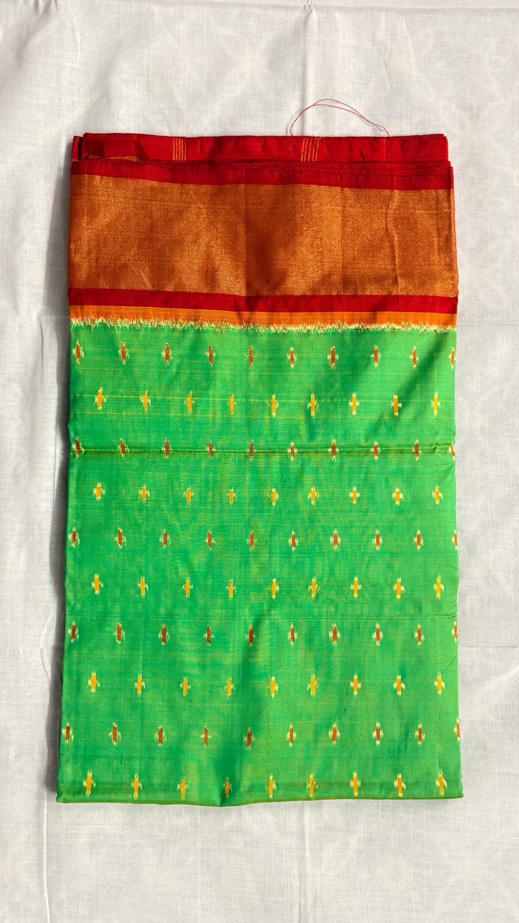 Pochampally Ikat Pure Silk Saree in Green with Red Ikat Pallu & Kuttu Copper Zari Border THS-7