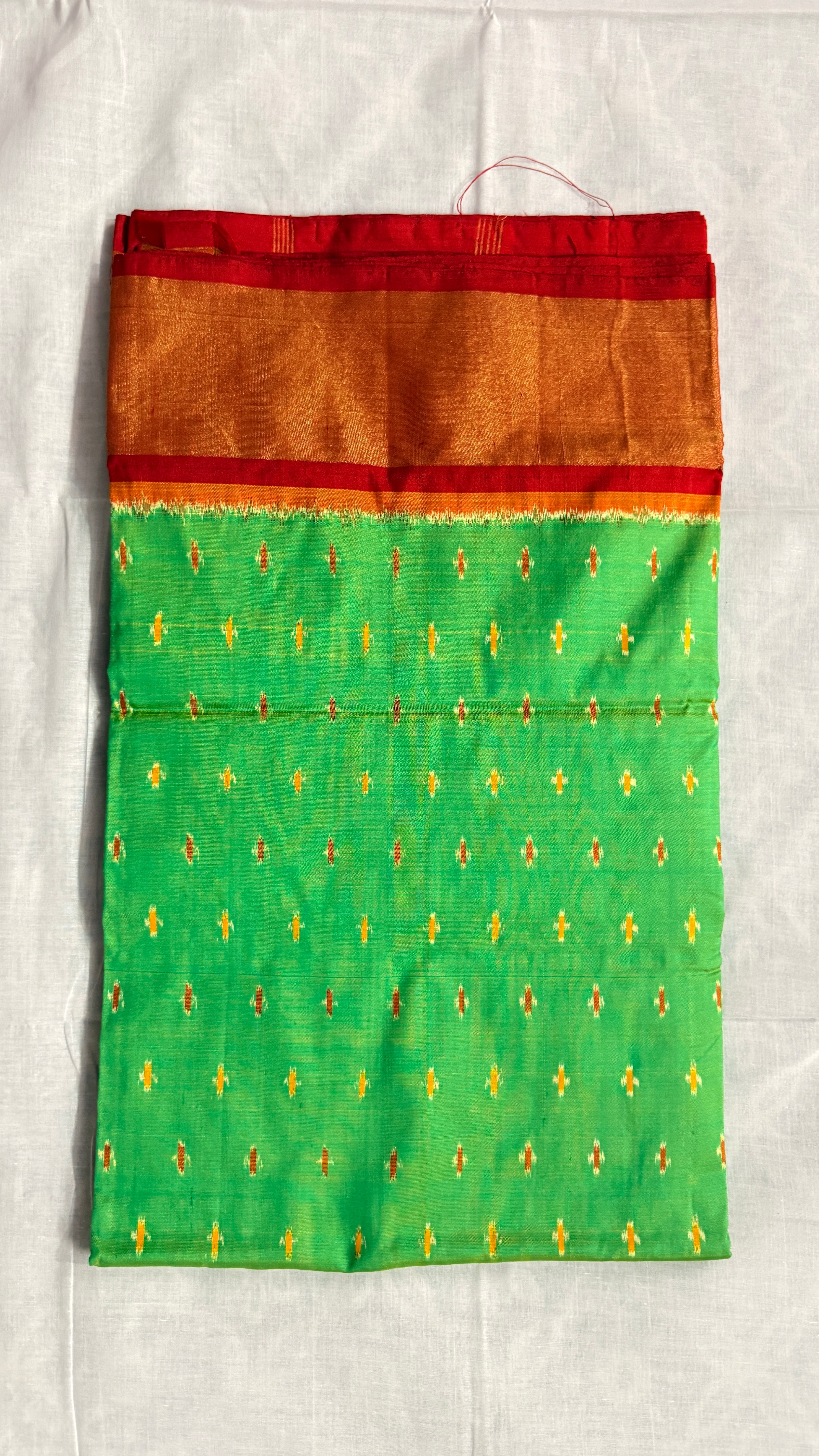 Pochampally Ikat Pure Silk Saree in Green with Red Ikat Pallu & Kuttu Copper Zari Border THS-7