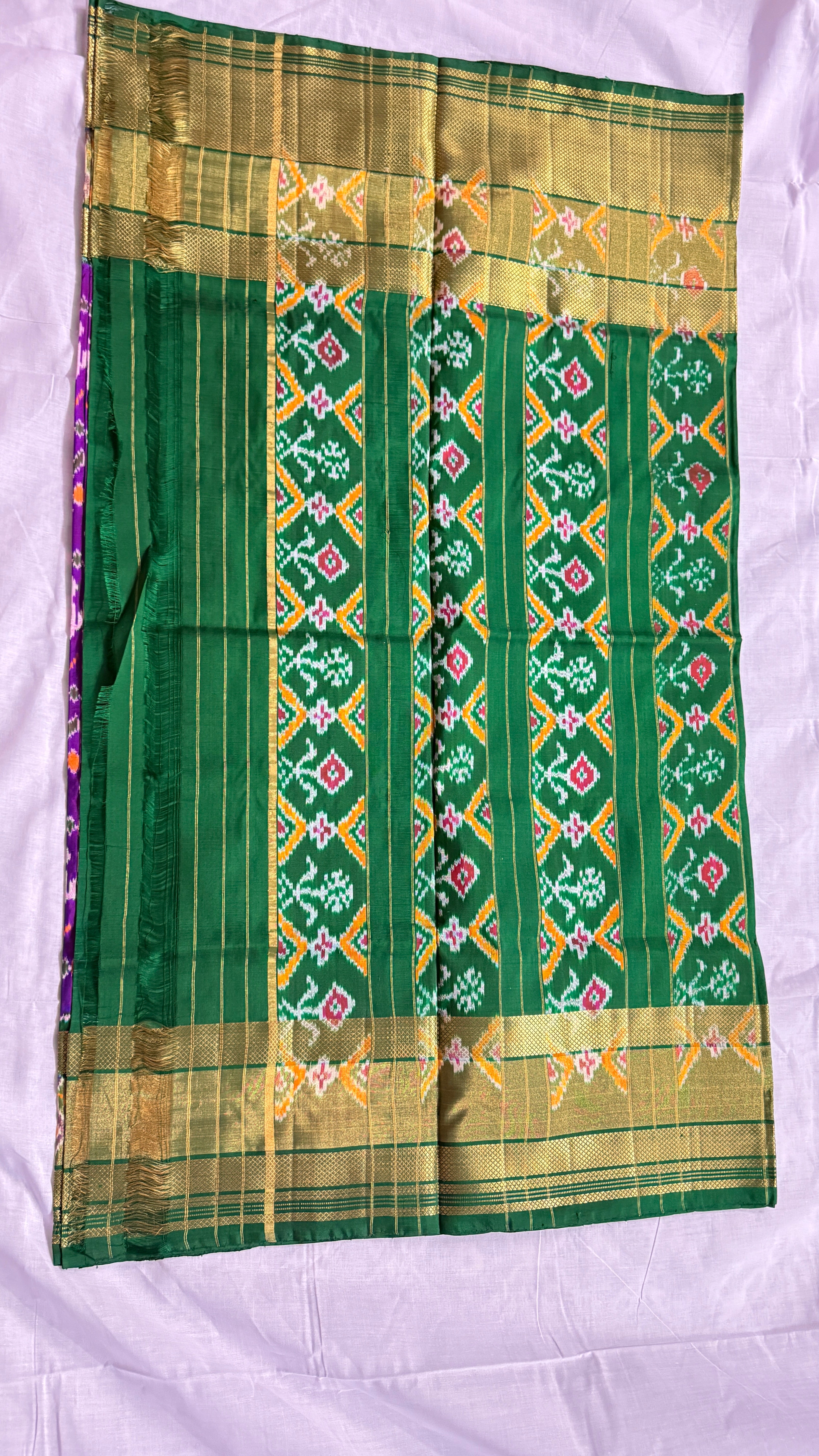 Pochampally Ikat Pure Silk Saree – Green & Purple | Handwoven Elephant Motif Pallu | Rich Gold Zari Border