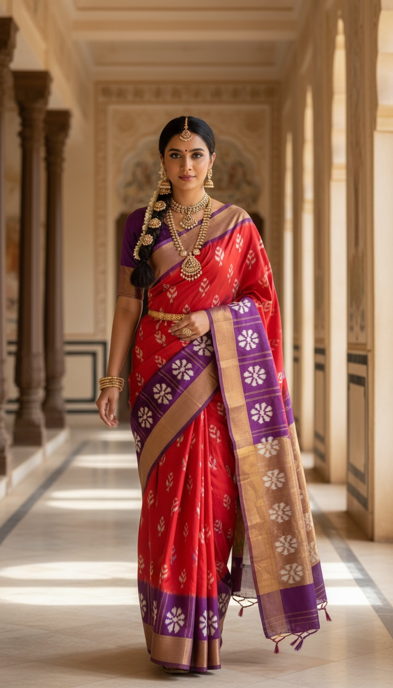 Pochampally Ikat Pure Silk Saree – Red & Purple with Peacock and Floral Motifs ths-22