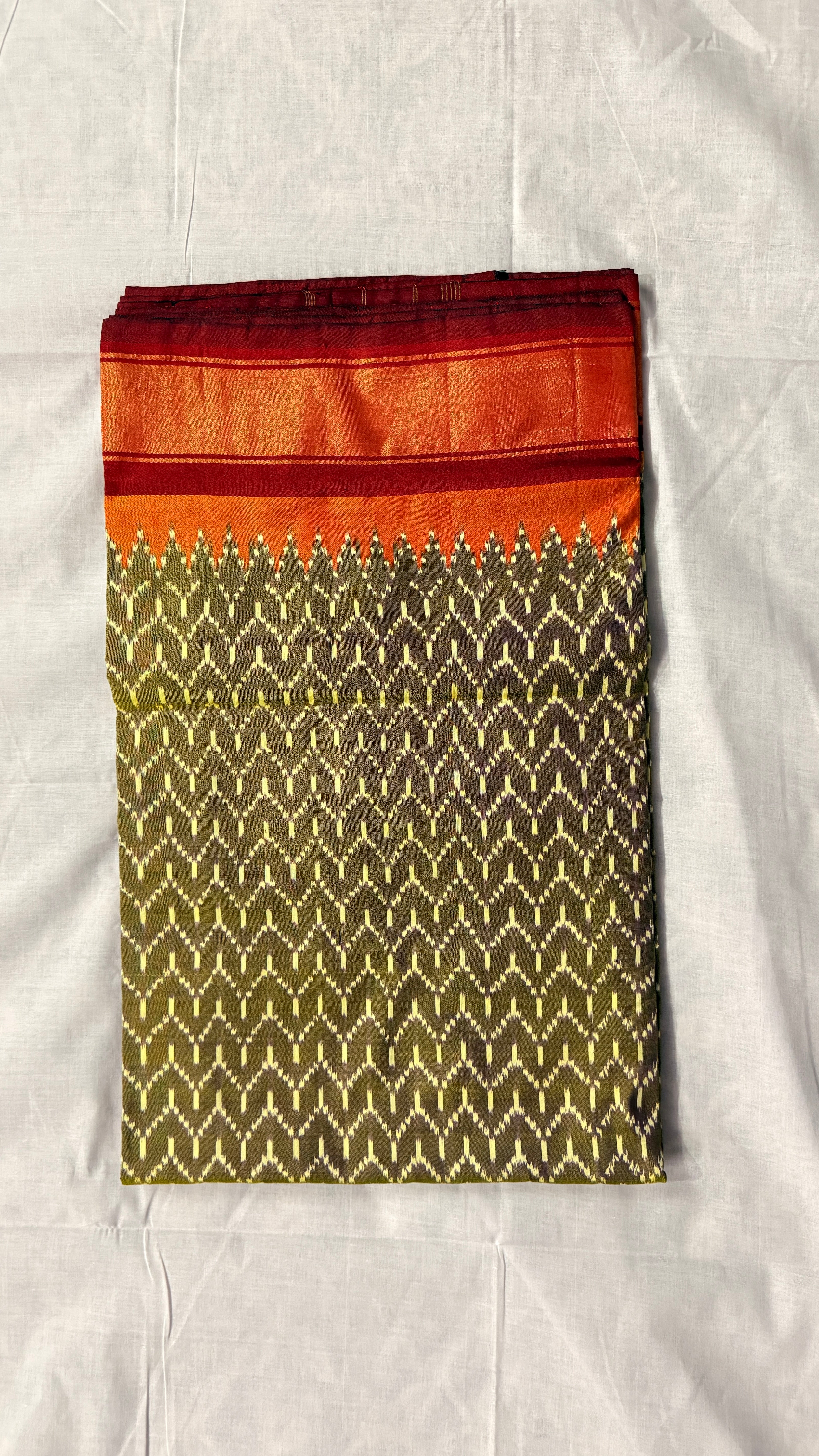 Handwoven Olive Green Ikat Silk Saree with Red–Orange Kaddi Border & Silk Mark Certified ths-18