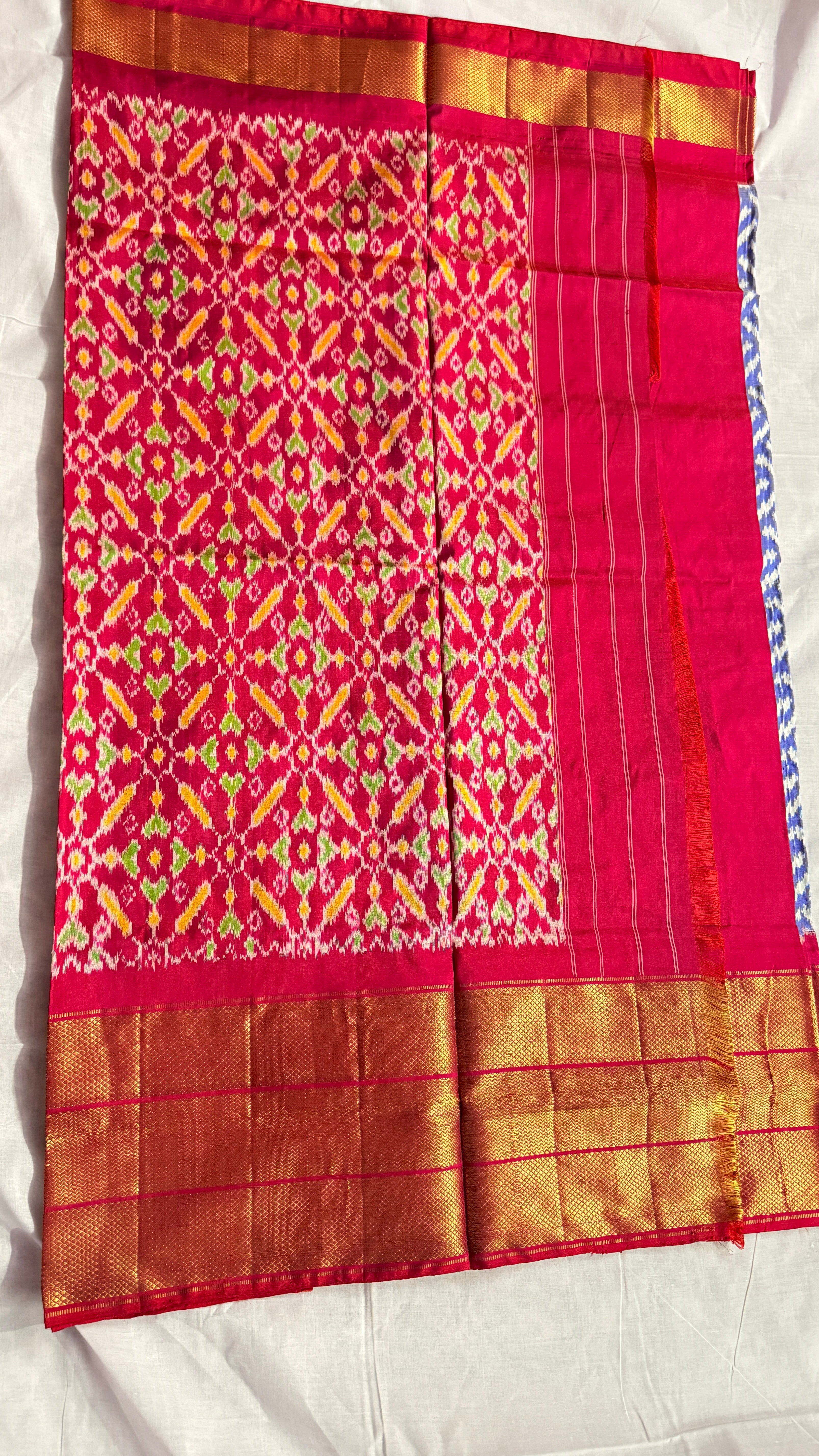 Pochampally Ikat Pure Silk Saree – Blue & Red | Handwoven Ikat Body With Rich Gold Zari Border ths-21