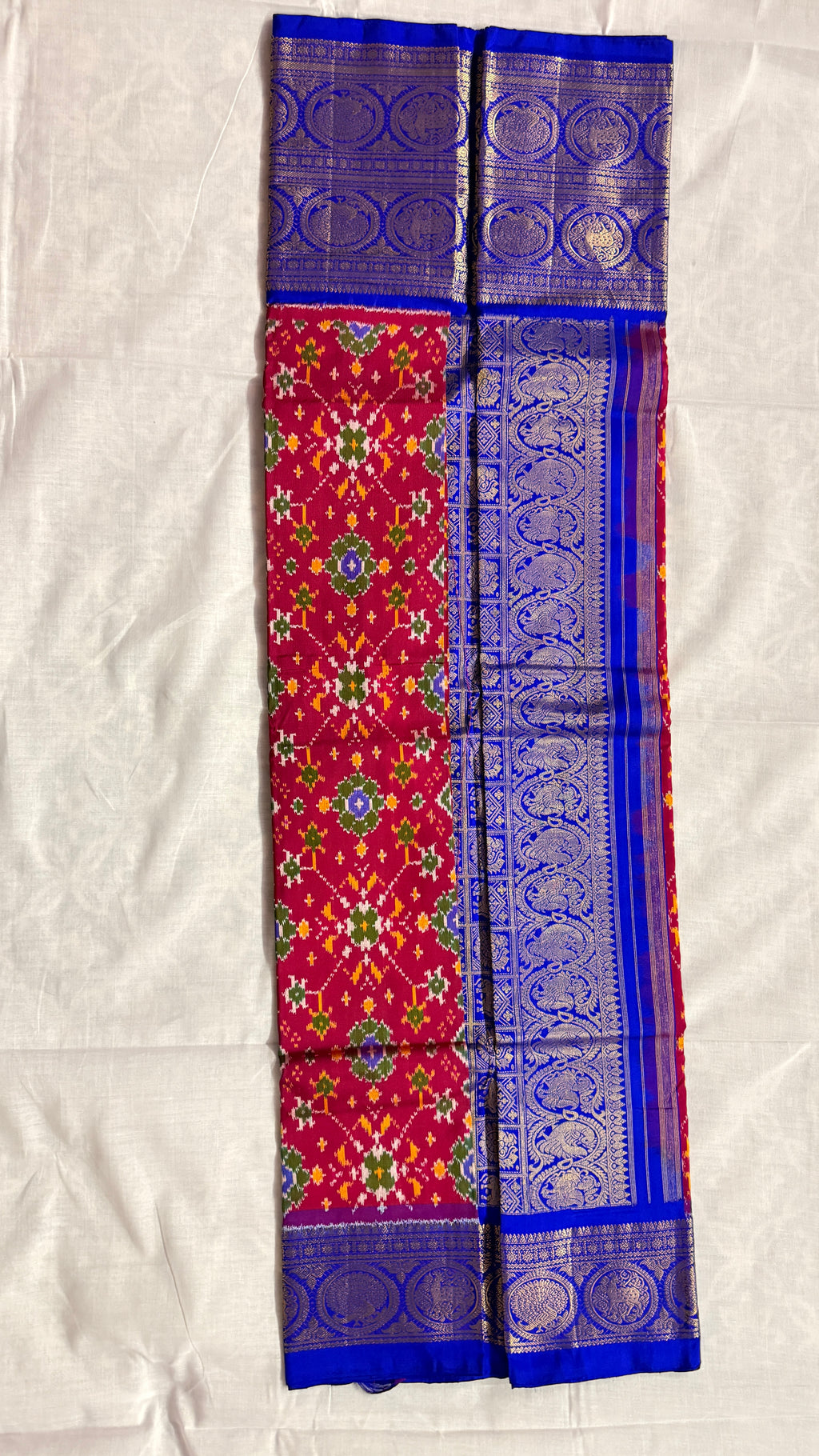 Pochampally Ikat Pure Silk Saree – with Kanchi Royal Blue Border with Red Body & Gold Peacock Zari THS -8