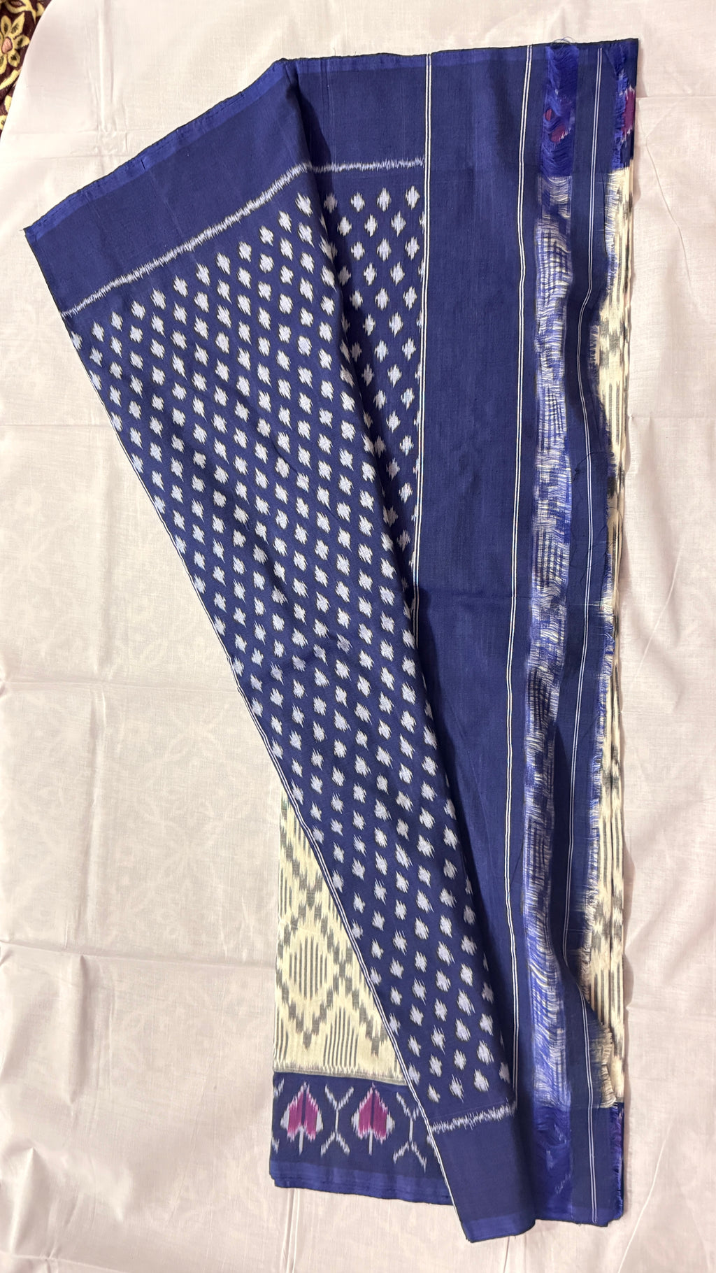 Cream & Navy Blue Pochampally Ikat Pure Cotton Saree with Geometric Body & Floral Ikat Border THC-3