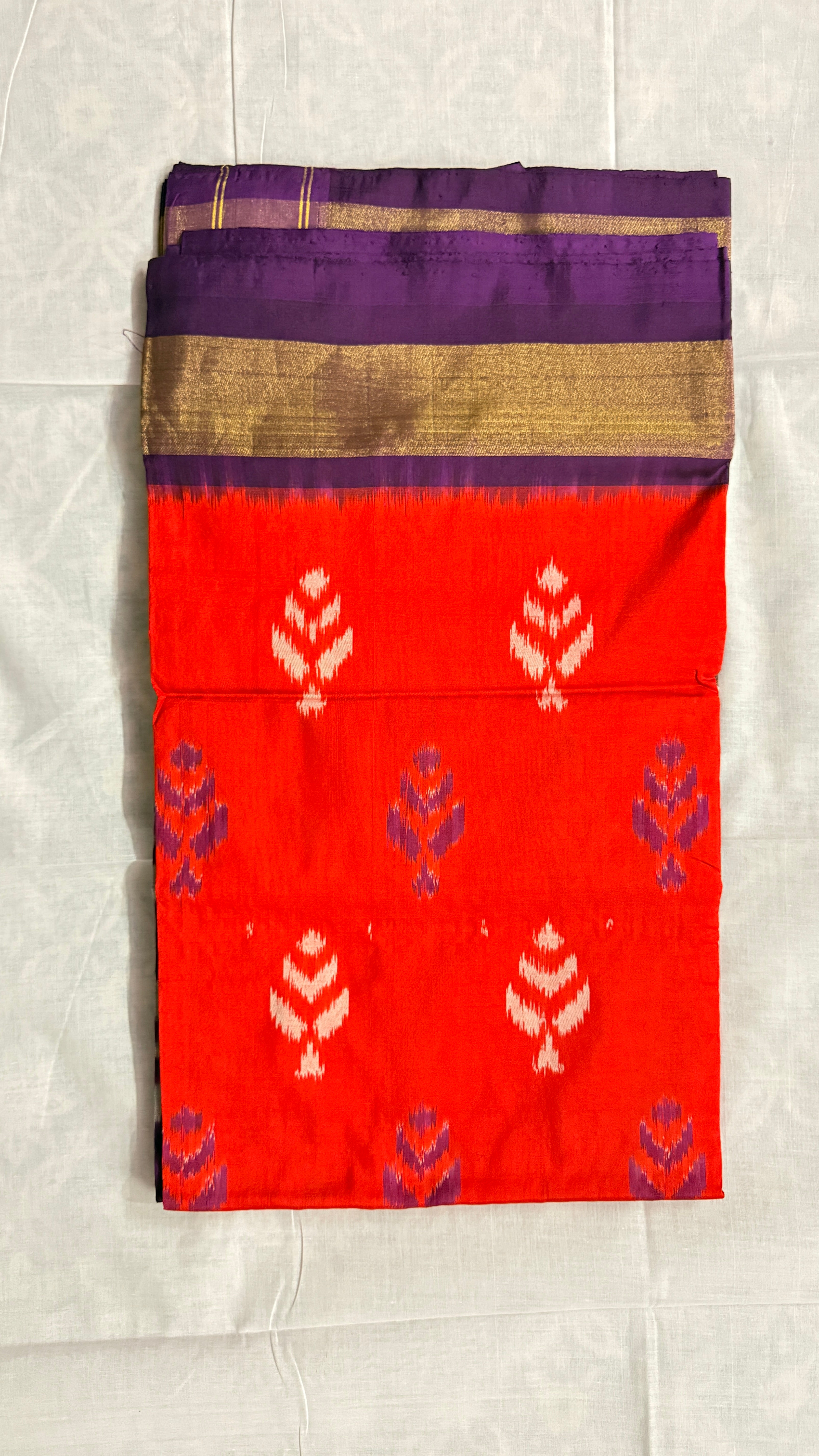 Pochampally Ikat Pure Silk Saree – Red & Purple with Peacock and Floral Motifs ths-22