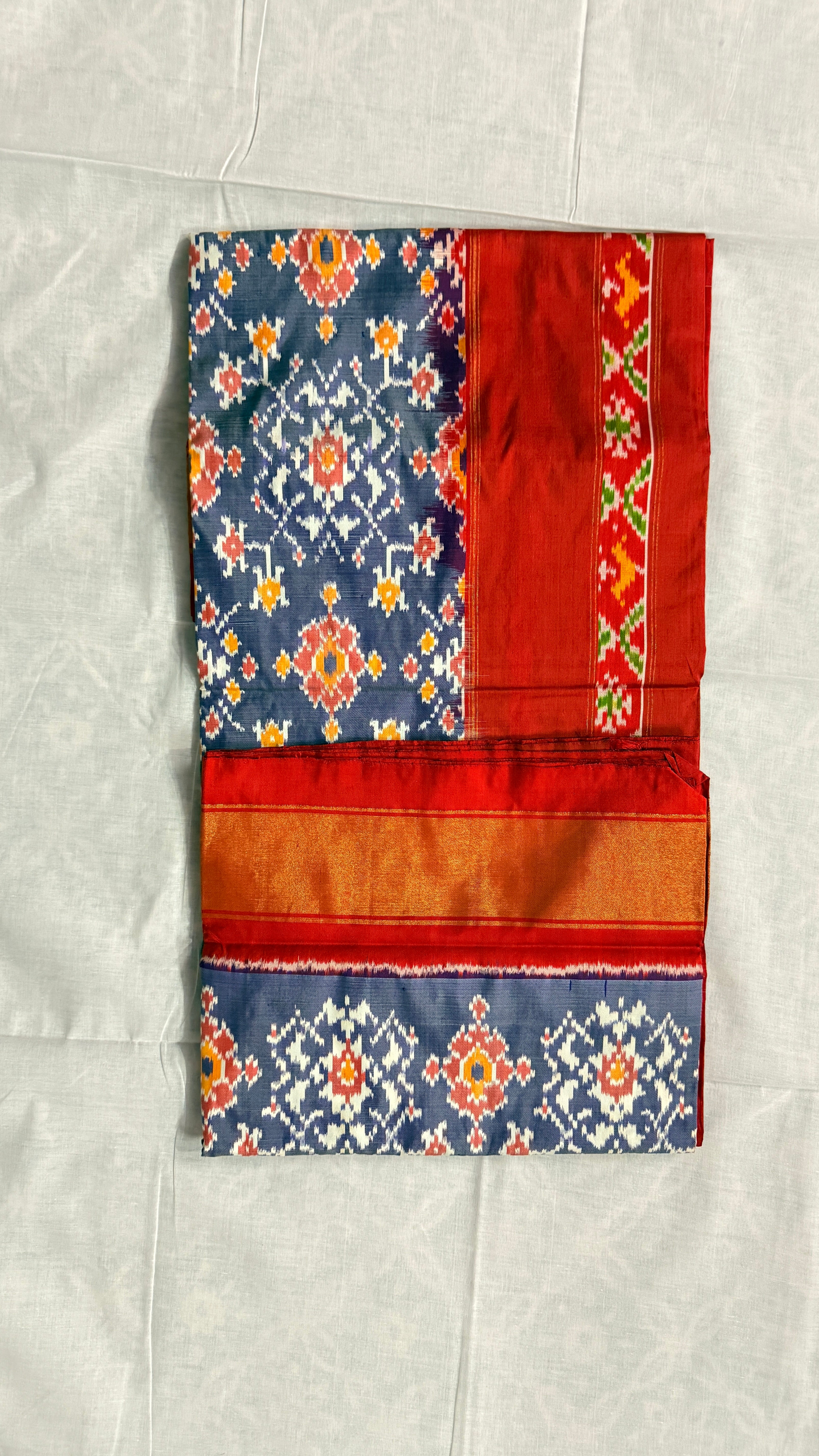 Handloom Pochampally Ikat Silk Saree – Red & Navy Blue Body with Orange Border | Pure Silk | Silk Mark Certified THS-11