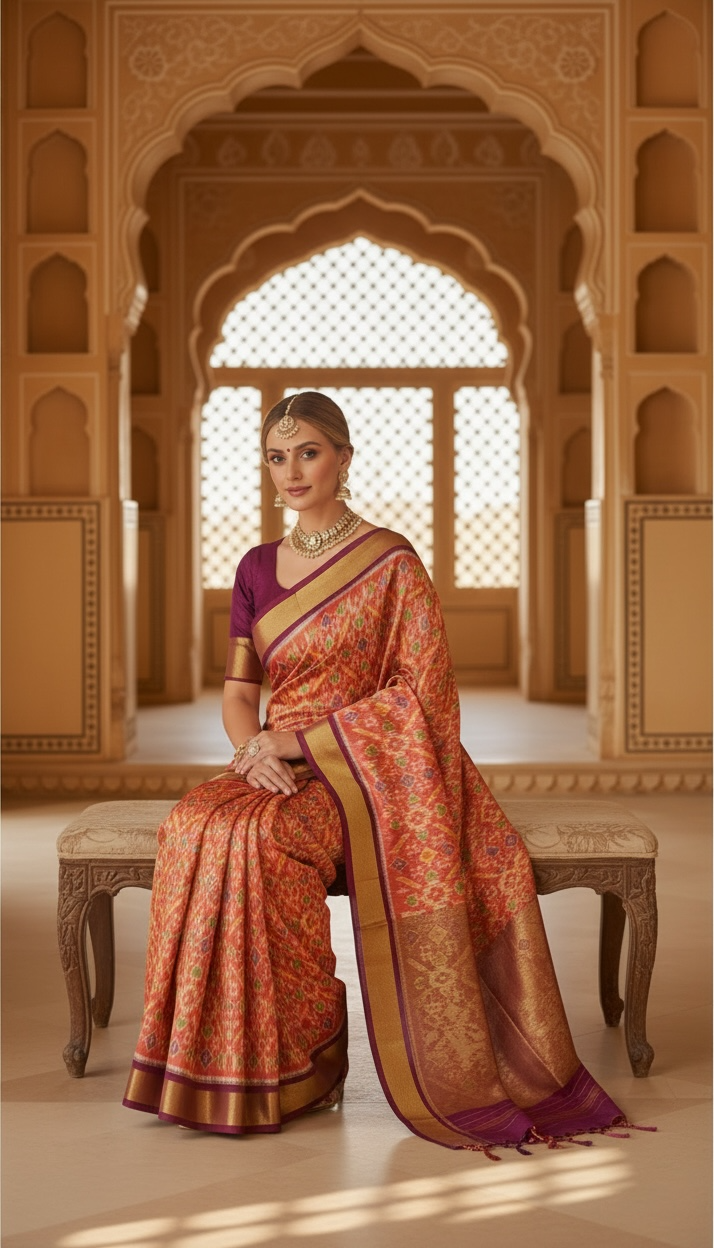 Magenta & Orange Pochampally Ikat Pure Silk Saree with Zari Border – Handloom & Silk Mark Certified ths-15