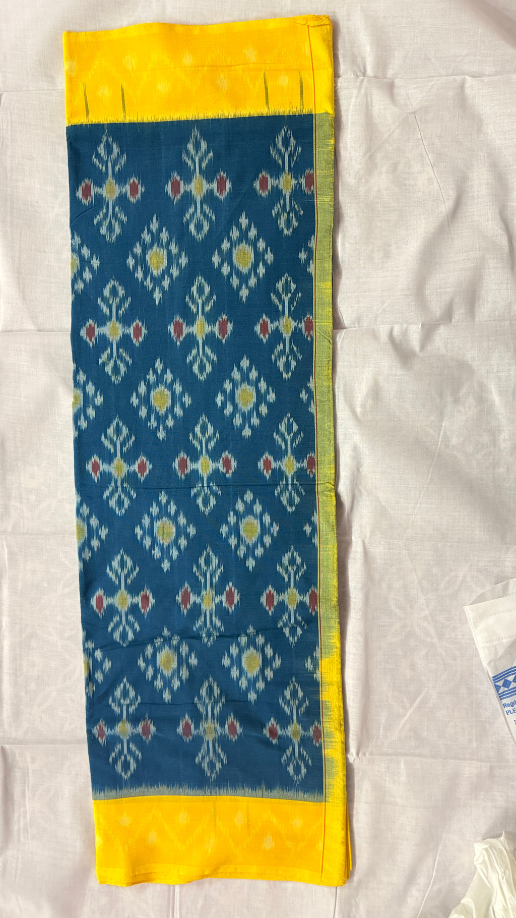 Pochampally Ikat Pure Cotton Saree – Blue Body with Yellow Contrast Border & Handwoven Ikat Motifs THC-1