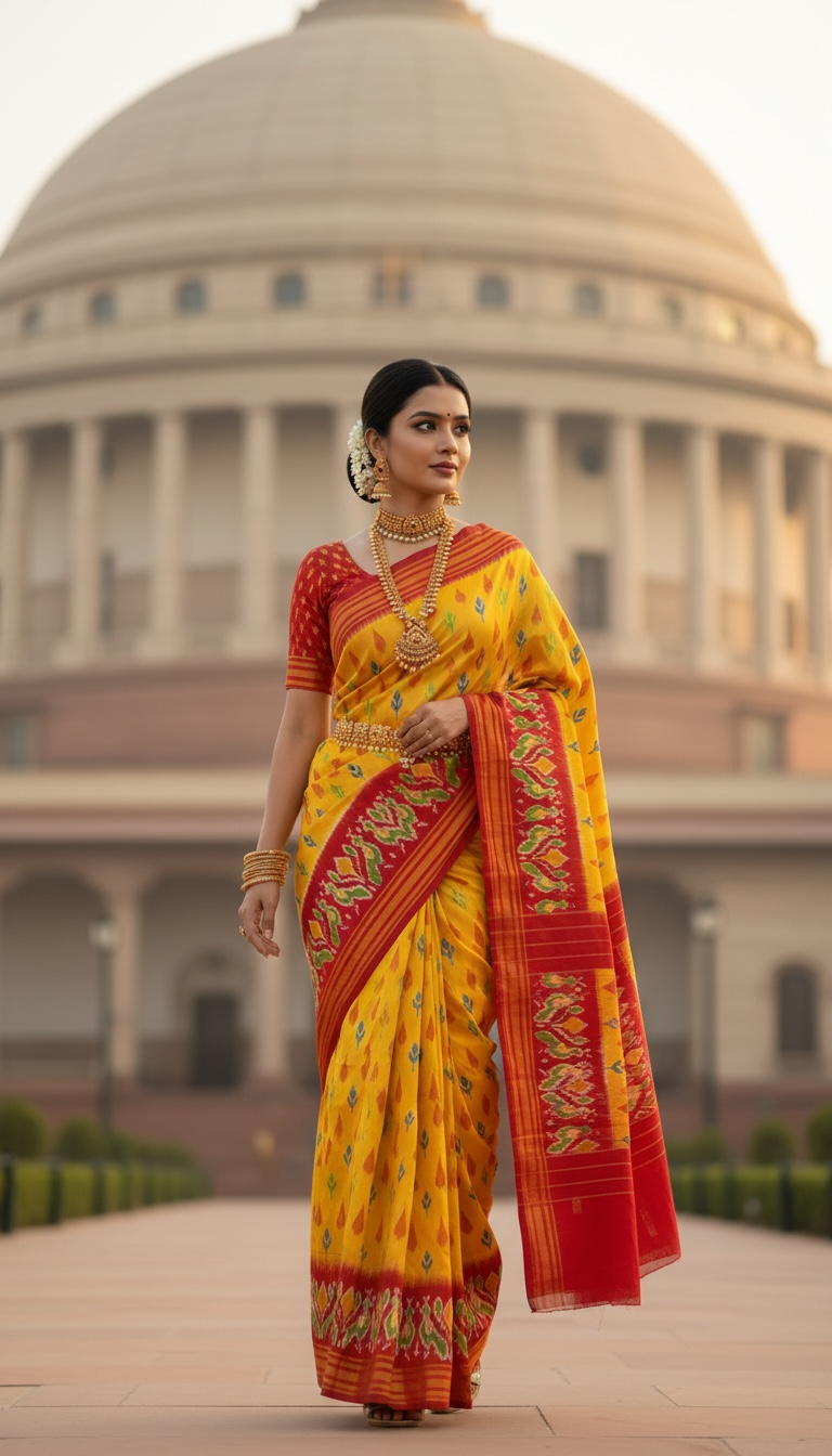 Bright Yellow Pochampally Ikat Silk Saree with Red Elephant Pallu ths-19