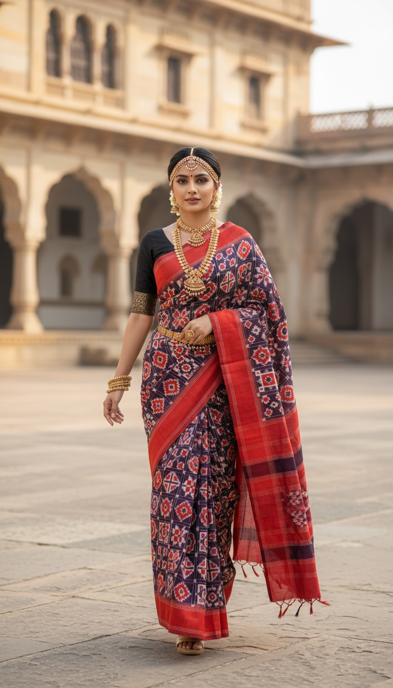 Red & Purple Double Ikat Pochampally Pure Silk Saree – Geometric Tile Design | Handloom & Silk Mark Certified ths-16