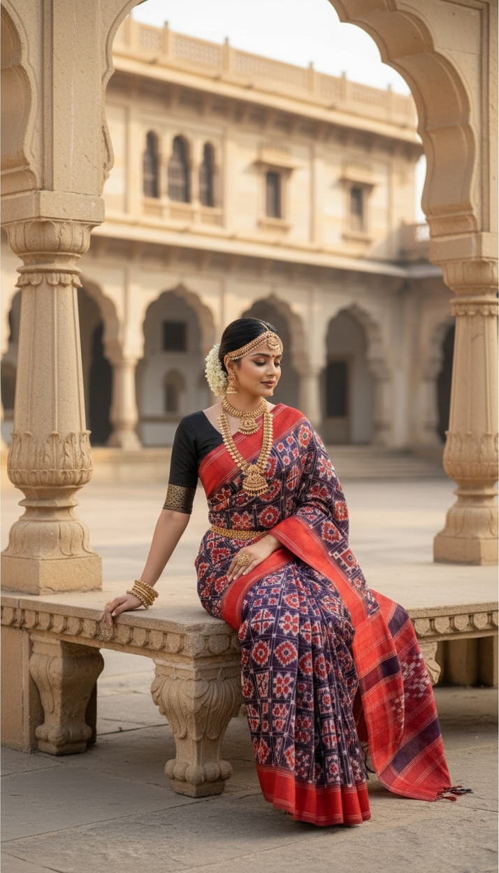 Red & Purple Double Ikat Pochampally Pure Silk Saree – Geometric Tile Design | Handloom & Silk Mark Certified ths-16