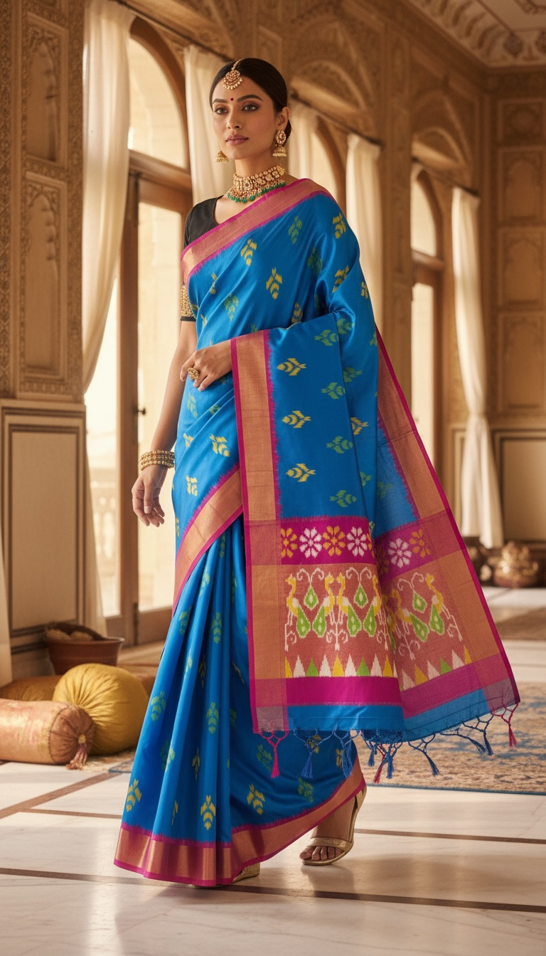 Blue Pochampally Ikat Pure Silk Saree with Pink Peacock Ikat Pallu & Copper Zari Border THS-3