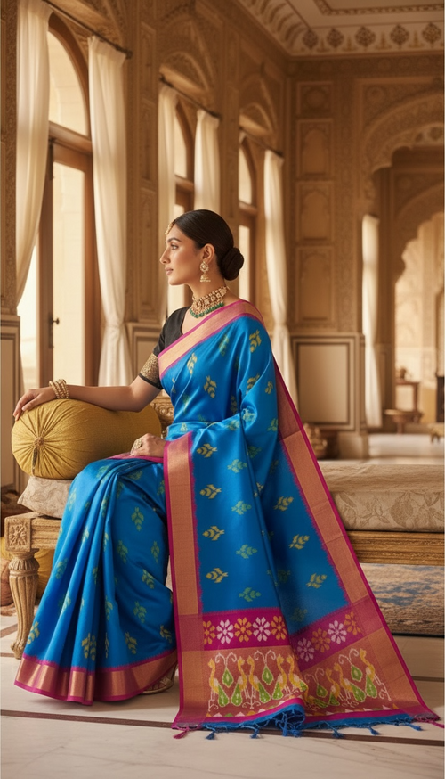 Blue Pochampally Ikat Pure Silk Saree with Pink Peacock Ikat Pallu & Copper Zari Border THS-3