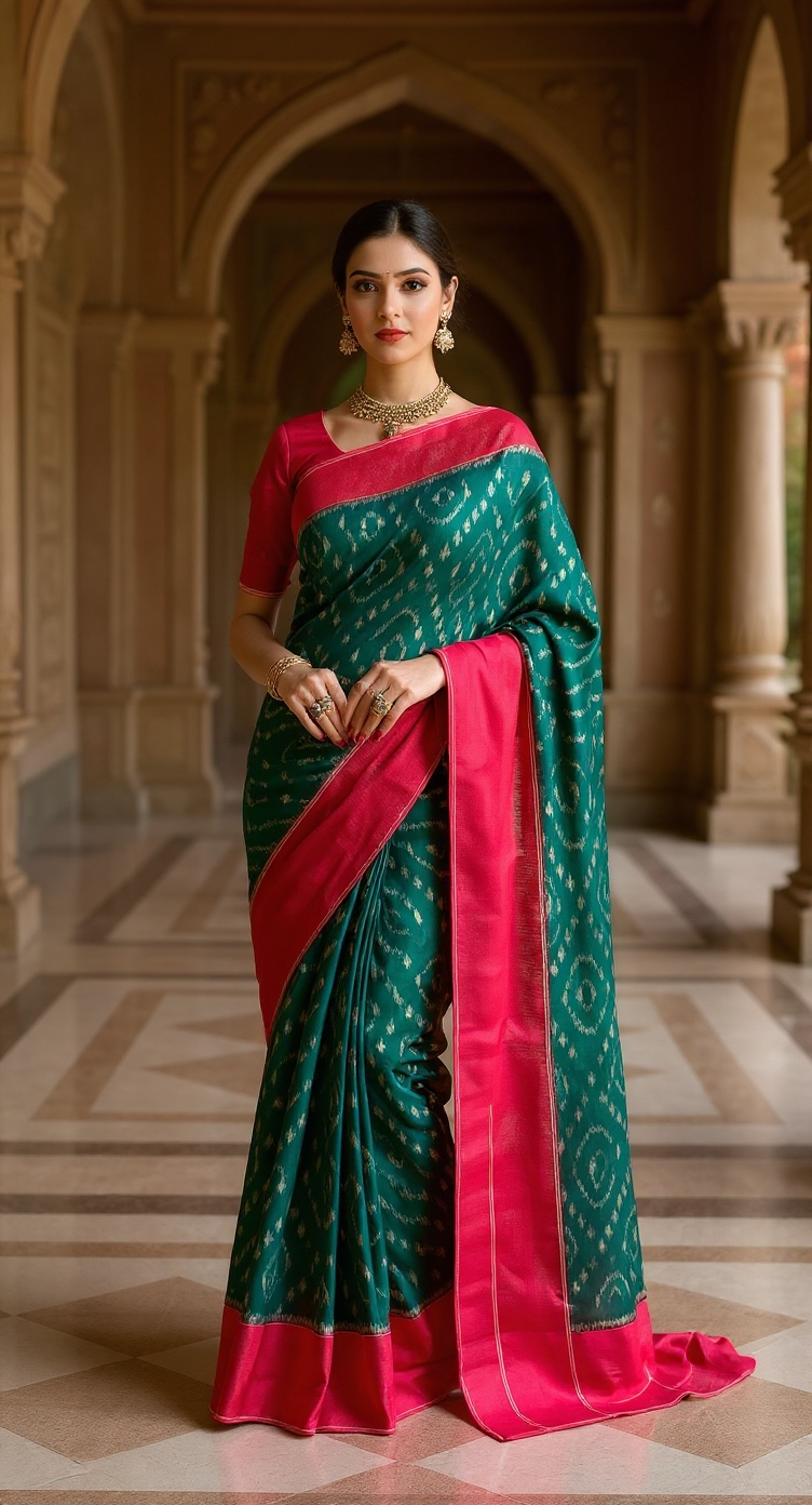 Pochampally Ikat Pure Cotton Saree (Green body)