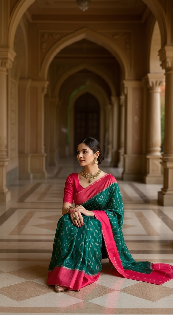 Pochampally Ikat Pure Cotton Saree (Green body)